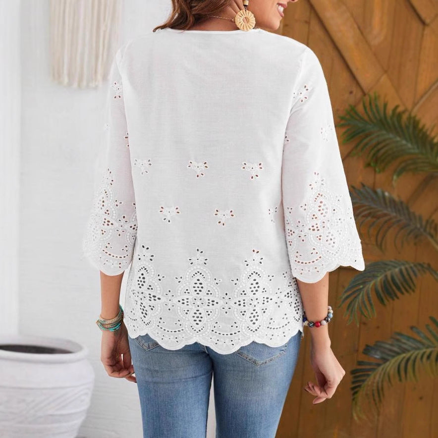 Lace-trimmed V-neck Springsummer New Arrival Three-quarter-sleeve Blouse