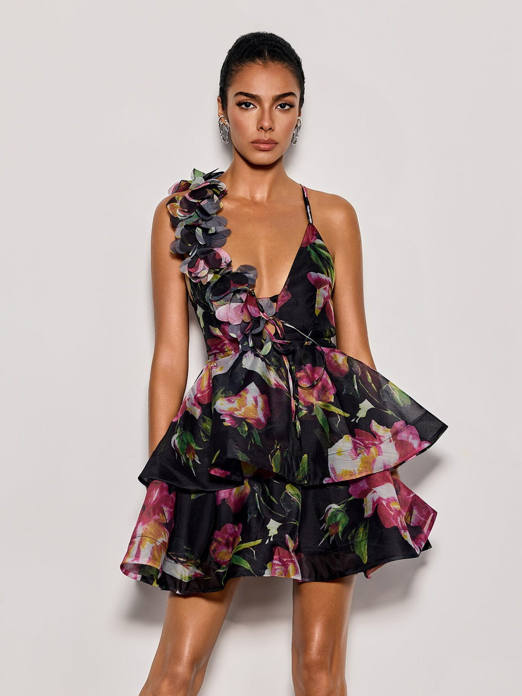 Felyndis Flower Tiered Mini Dress In Black