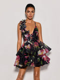 Felyndis Flower Tiered Mini Dress In Black