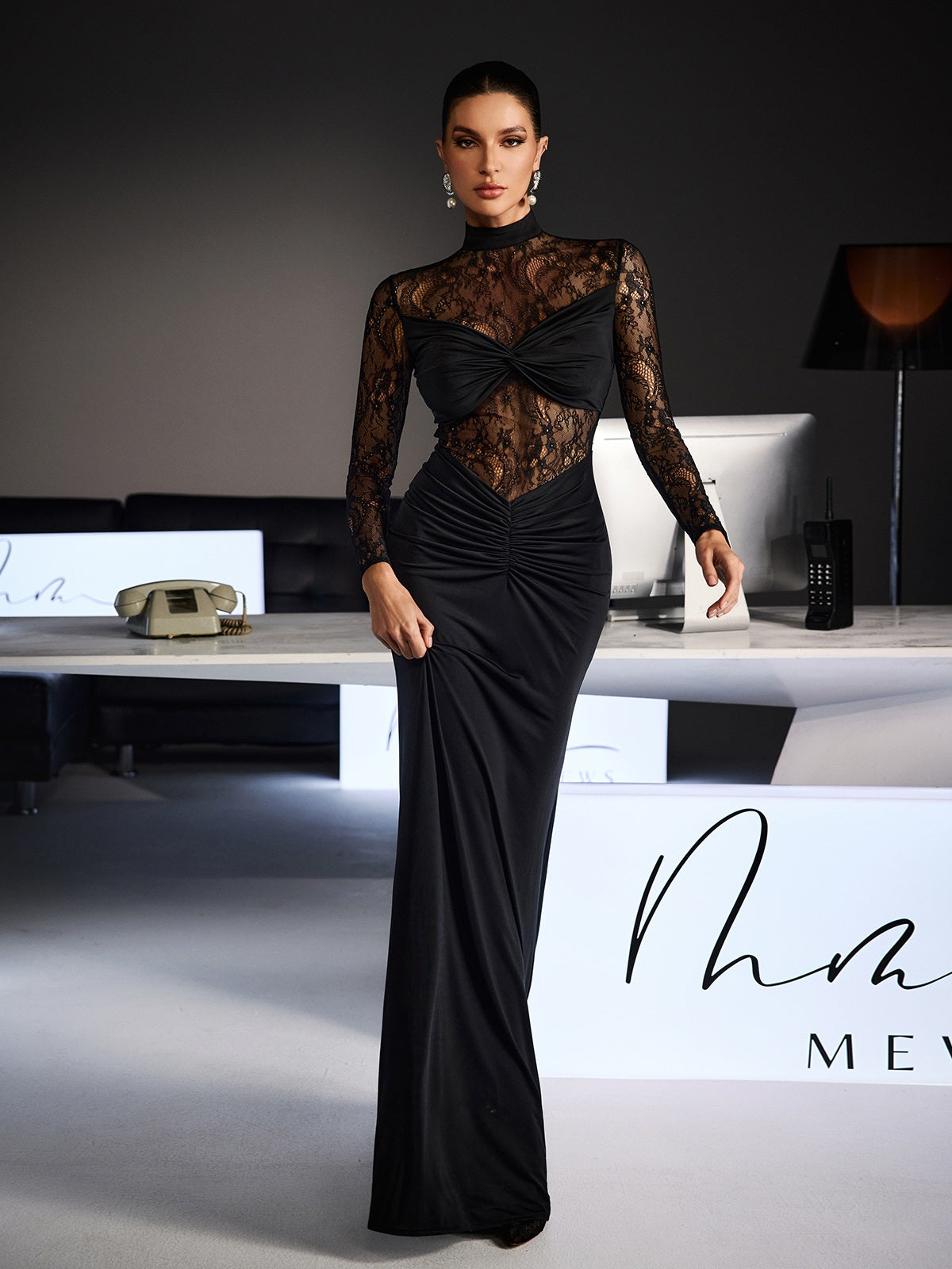 Feri Long Sleeve Embroidered  Ruched Maxi Dress