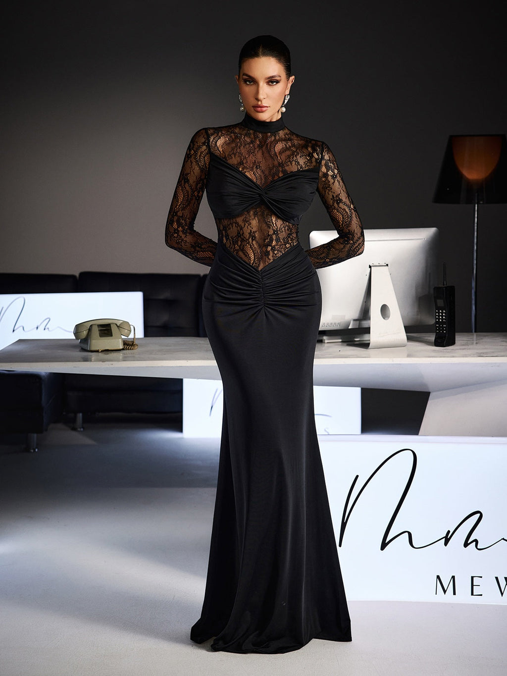 Feri Long Sleeve Embroidered  Ruched Maxi Dress