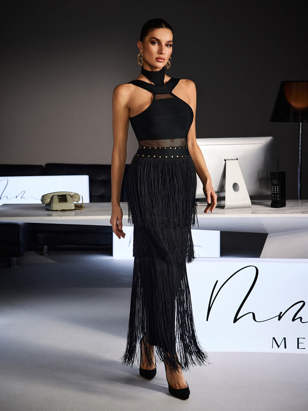 Fermin Halterneck Bandage Fringe Midi Dress