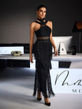 Fermin Halterneck Bandage Fringe Midi Dress