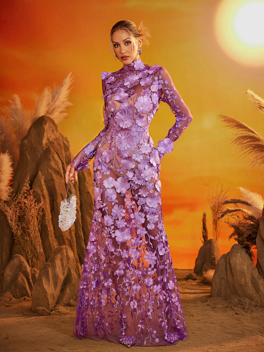 Fexis Long Sleeve Flower Mesh Skirt Set