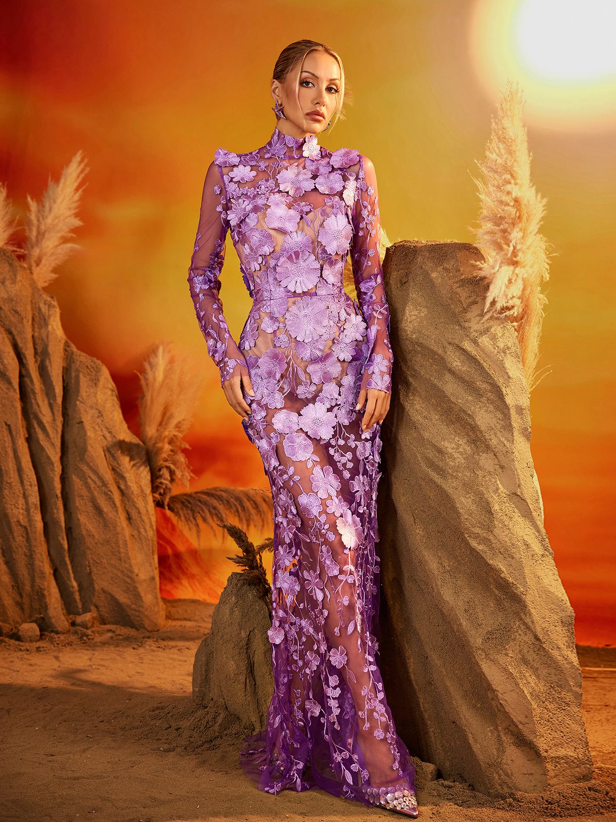 Fexis Long Sleeve Flower Mesh Skirt Set