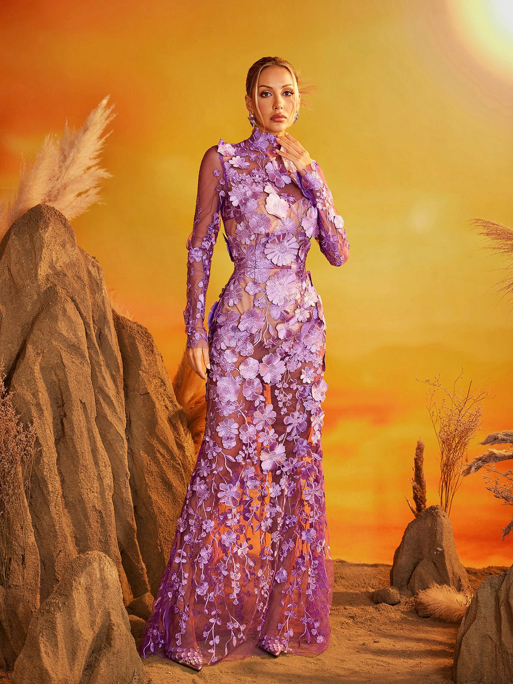 Fexis Long Sleeve Flower Mesh Skirt Set