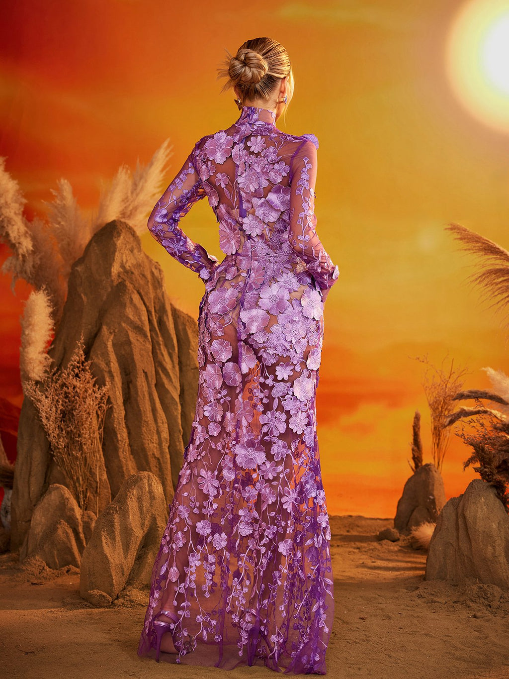 Fexis Long Sleeve Flower Mesh Skirt Set