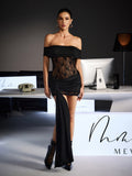 Feyz Off Shoulder Ruched Lace Mini Dress