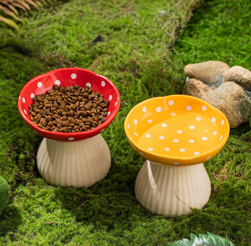 Mushroom Raised Cat Bowl With Cute Polka Dot Design And Safe Ceramic Material For Small Pets