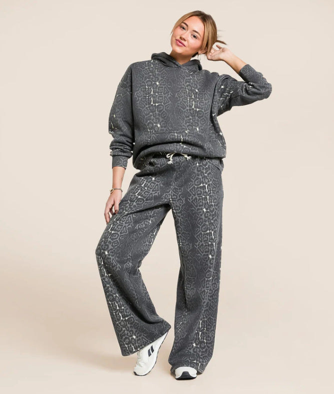 Fashionable Casual Hooded Sweatshirt And Wide Leg Pants Leopard Print Set