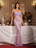 Filomena Strapless Flower Rhinestone Mesh Maxi Dress