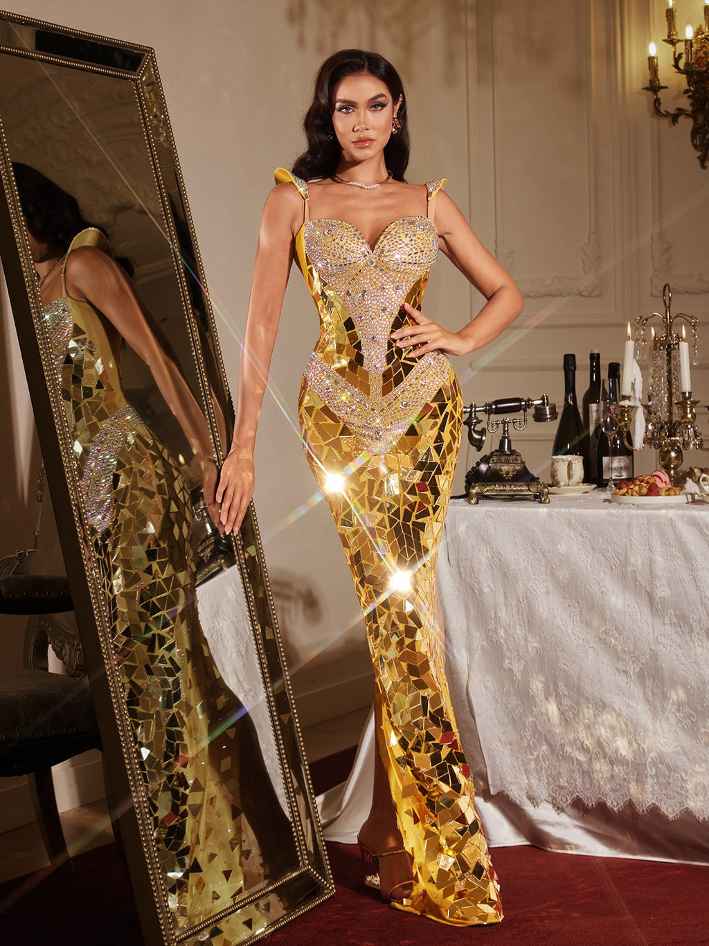 Finnegan Sleeveless Rhinestone Maxi Dress