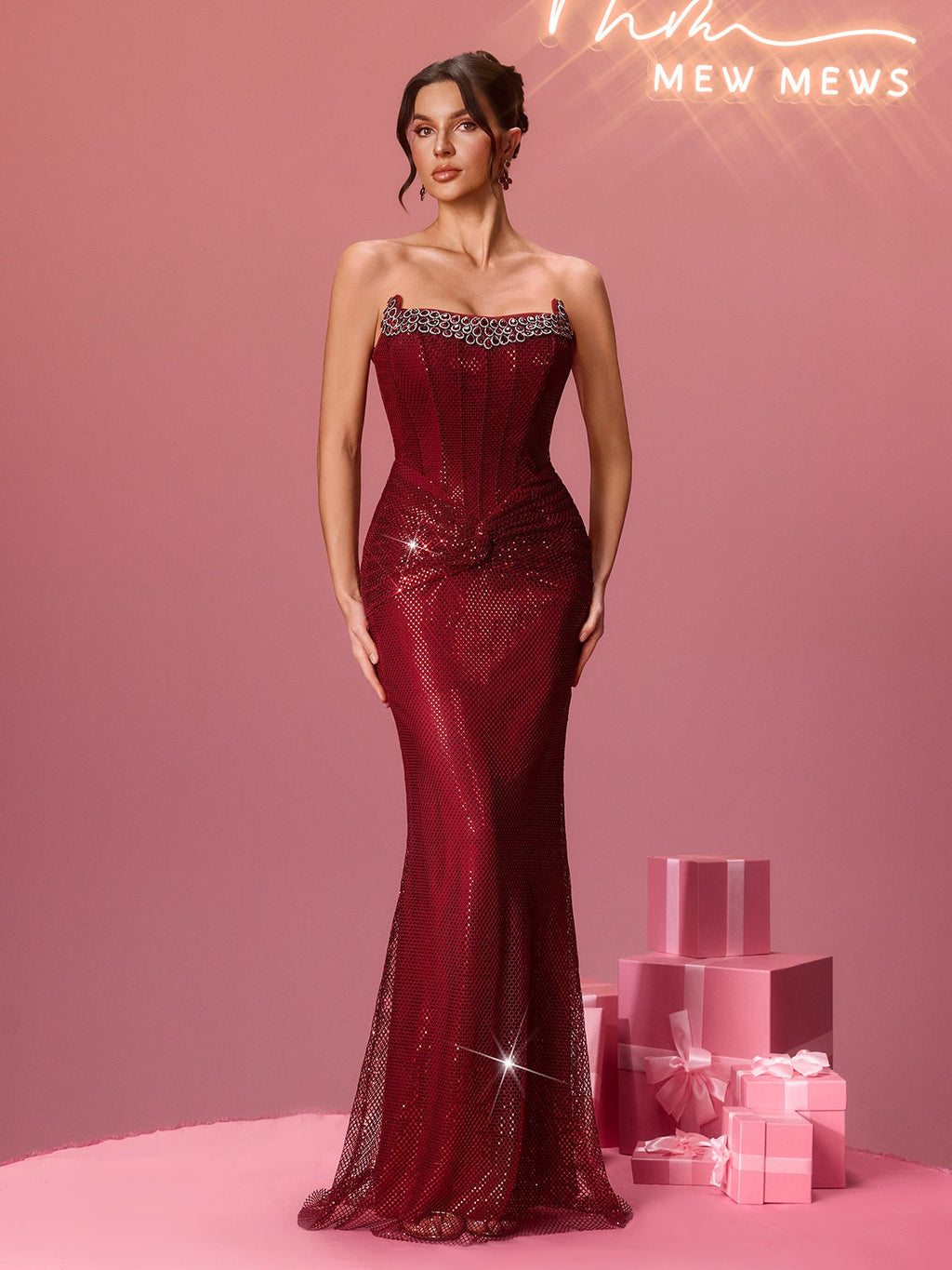 Fleurette Strapless Twisted Rhinestone Mesh Maxi Dress