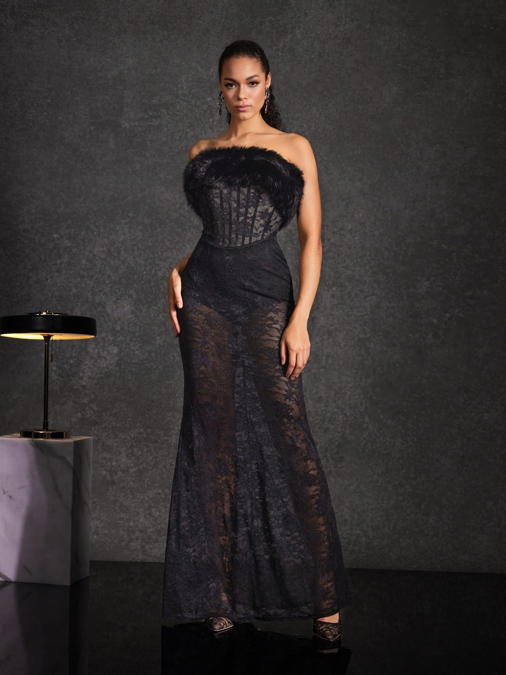 Floella Strapless Faux Fur Lace Maxi Dress