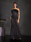 Floella Strapless Faux Fur Lace Maxi Dress