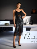 Frazilor Spaghetti Lace Leather Midi Dress