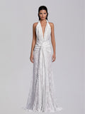 Fynderic Plunge Neck Lace Split Maxi Dress