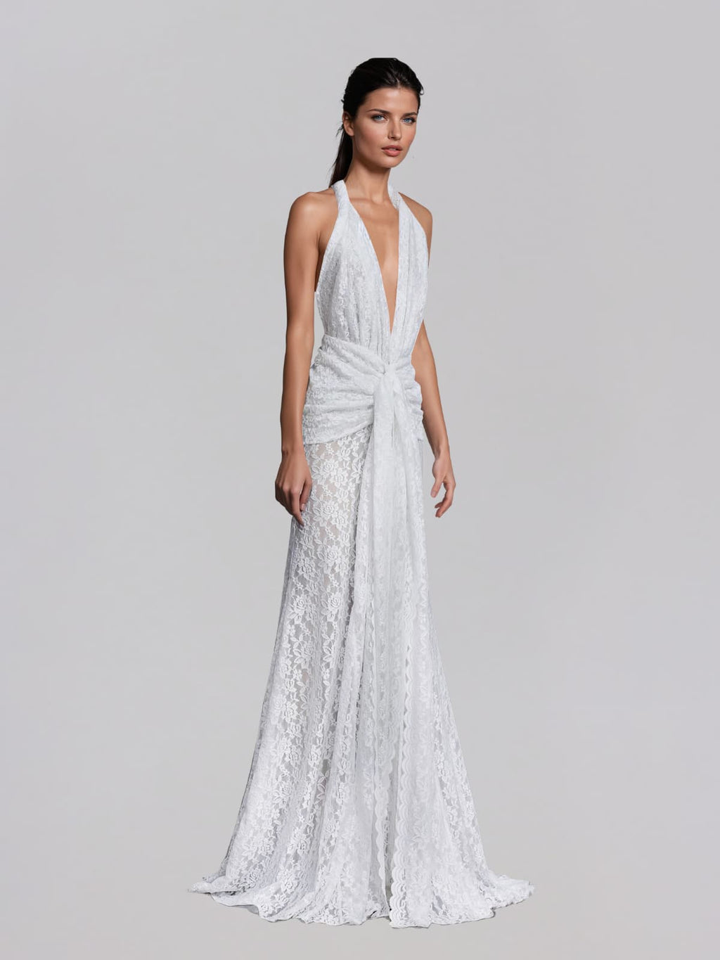 Fynderic Plunge Neck Lace Split Maxi Dress