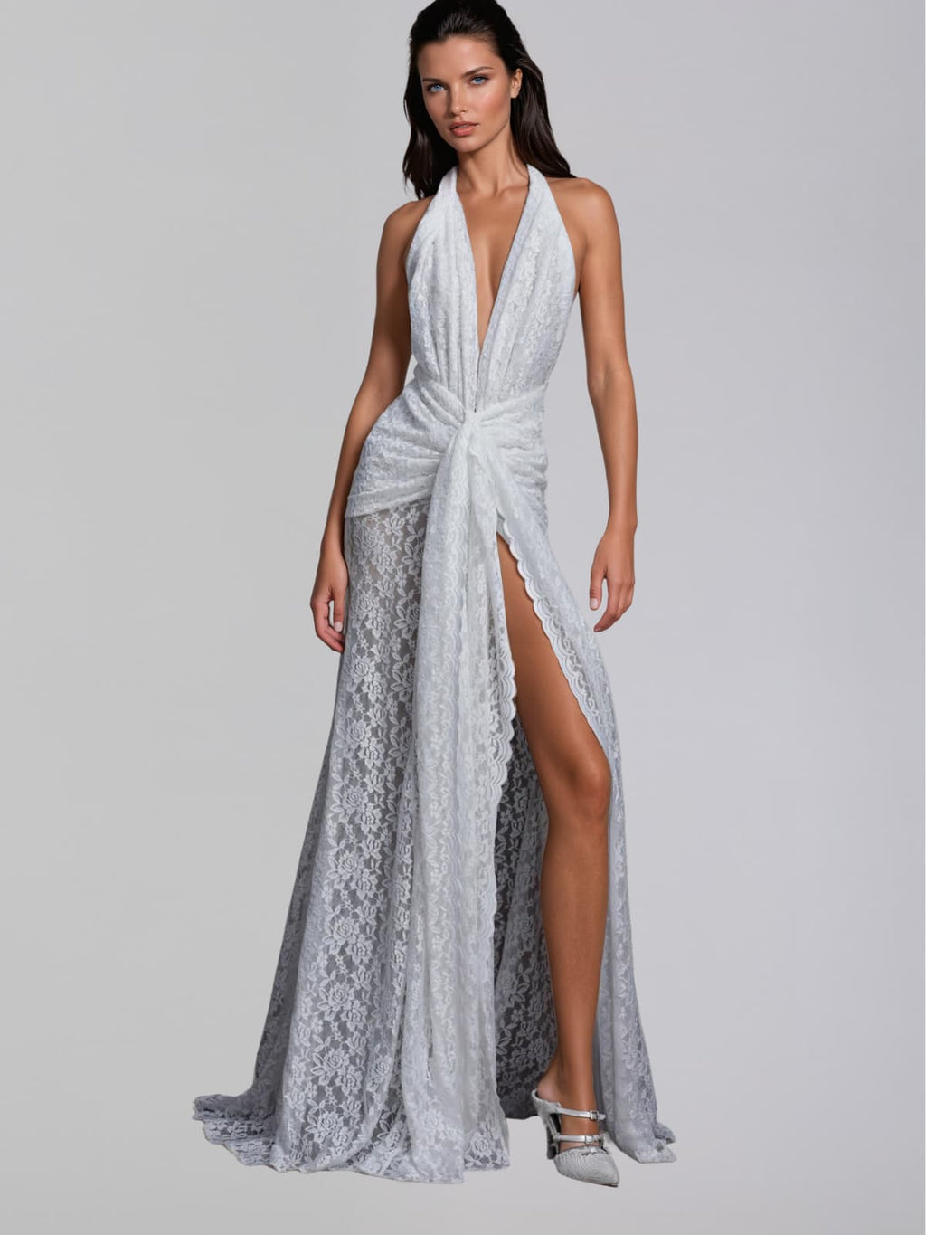 Fynderic Plunge Neck Lace Split Maxi Dress