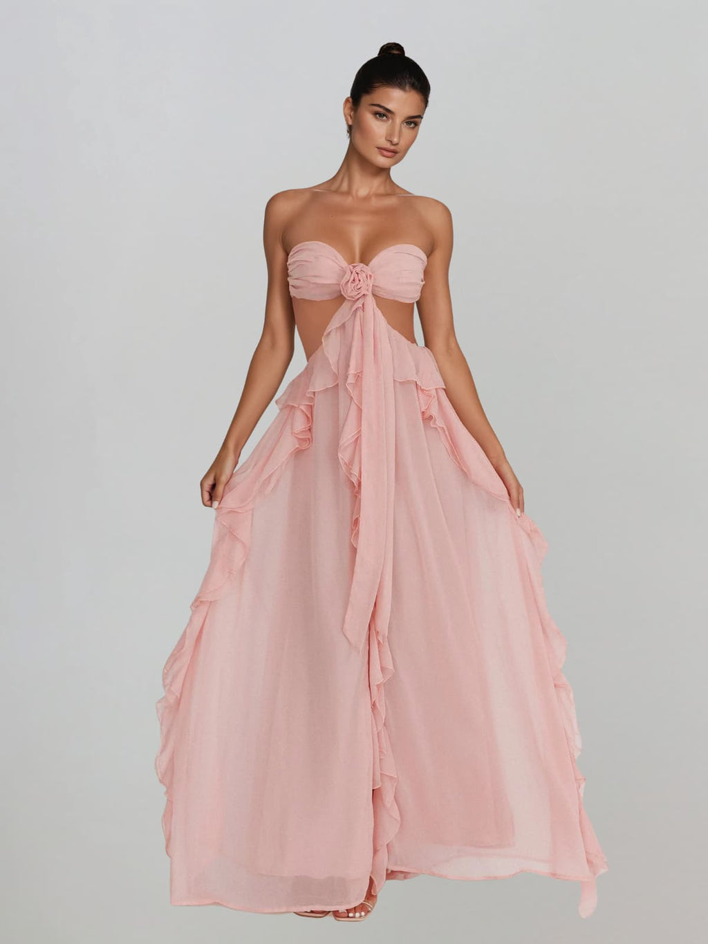 Fyntrix Strapless Ruffle Maxi Dress In Pink