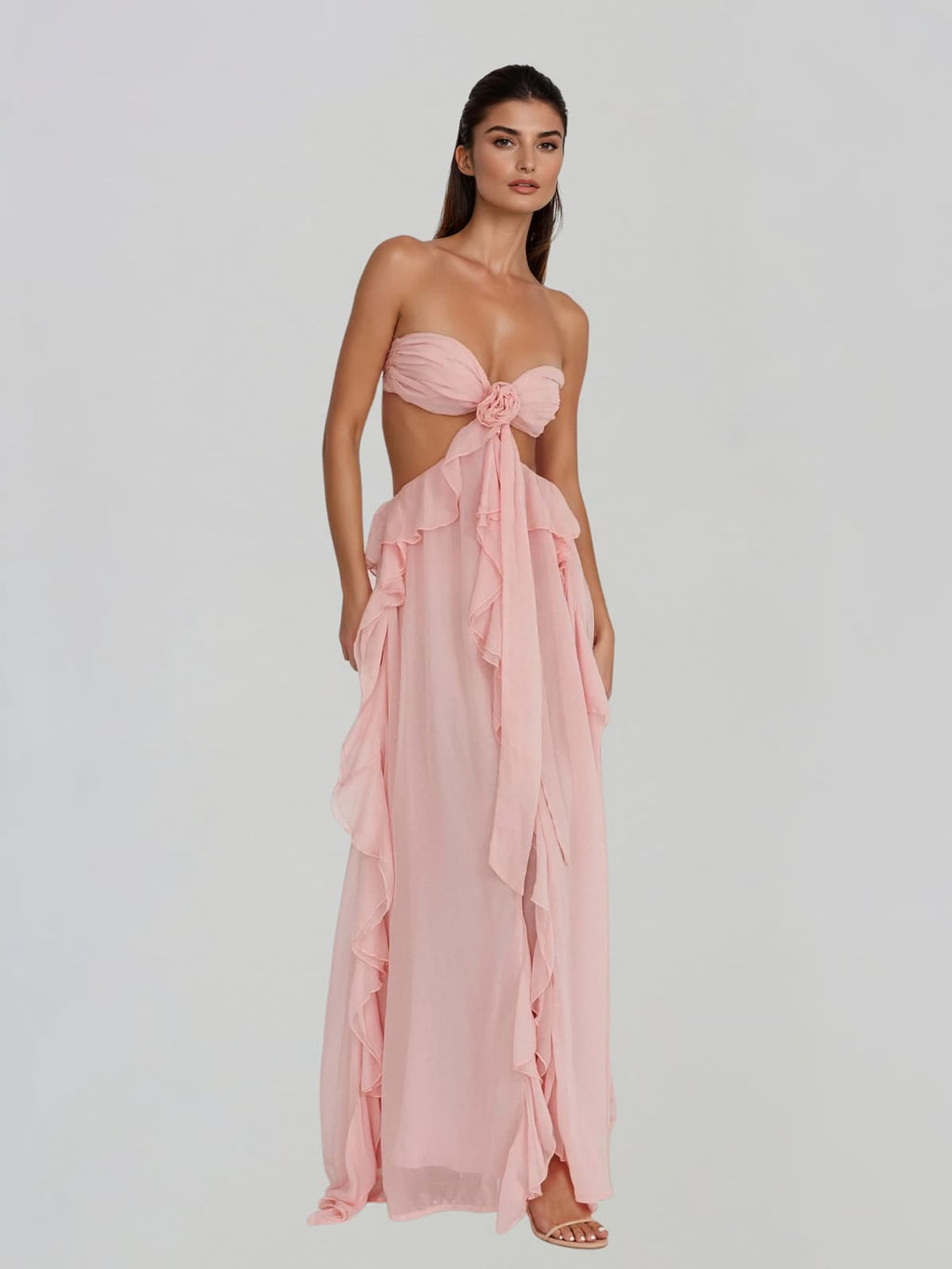 Fyntrix Strapless Ruffle Maxi Dress In Pink