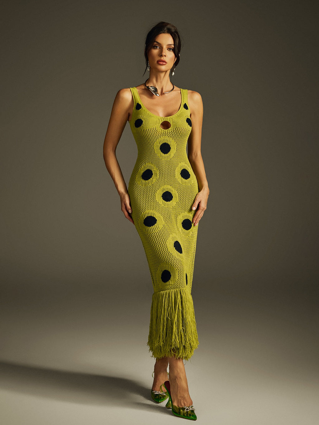 Gaelion Dot Fringe Knitted Midi Dress