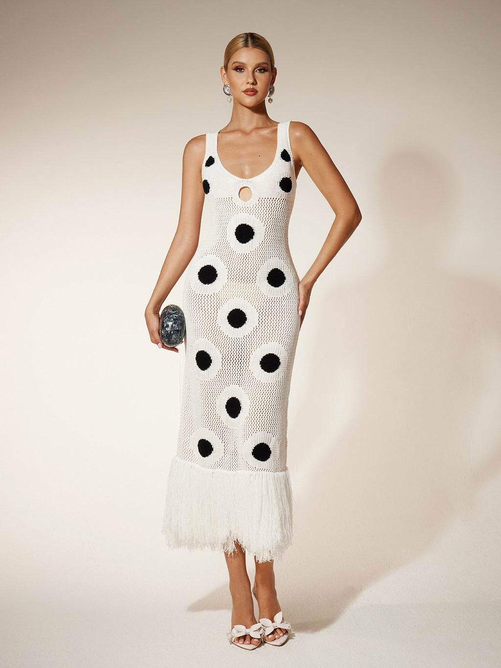 Gaelion Dot Fringe Knitted Midi Dress In White