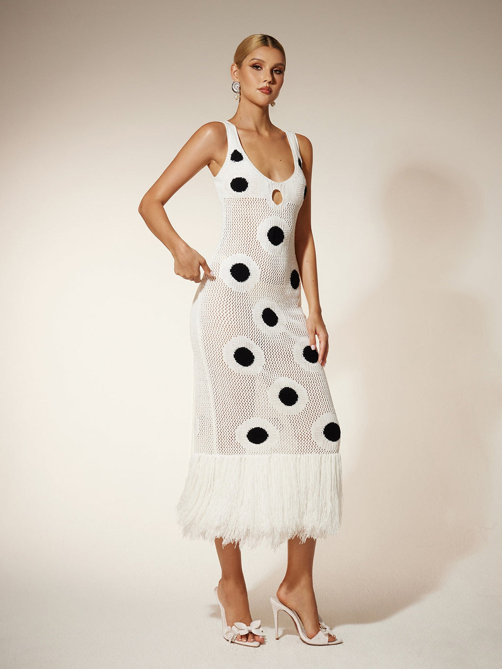 Gaelion Dot Fringe Knitted Midi Dress In White