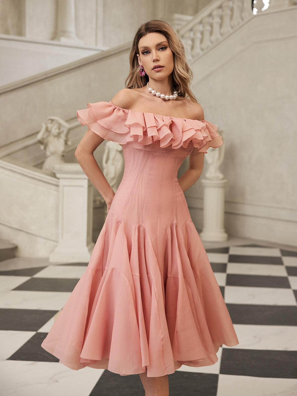 Gaelthar Off Shoulder Ruffle Midi Dress In Blush