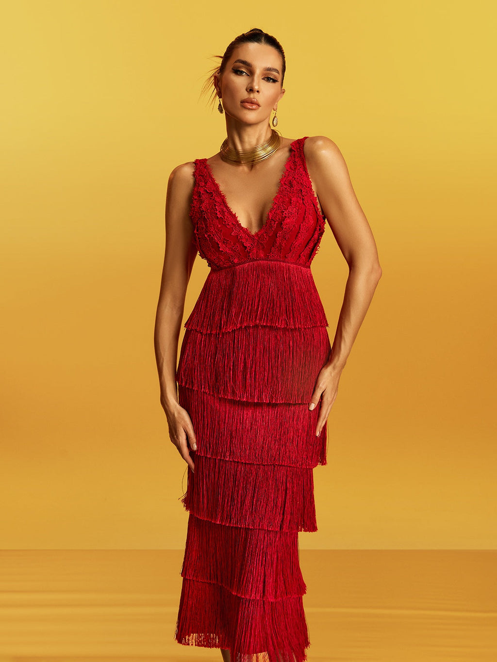Galeon Sleeveless Lace Fringe Bandage Midi Dress