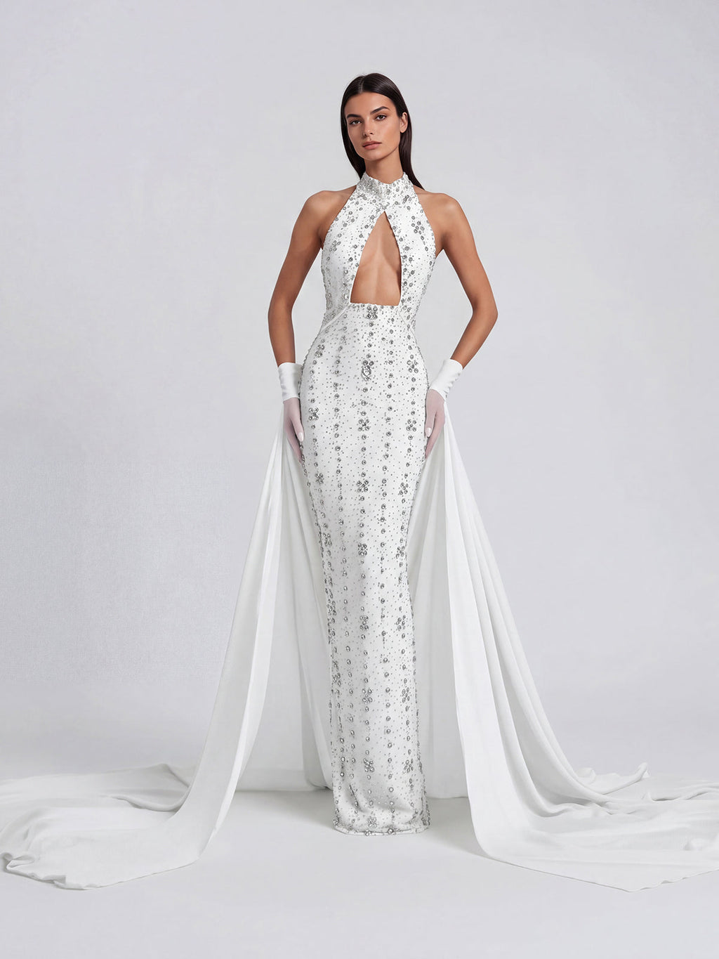 Genvyra Halterneck Cutout Diamond Maxi Dress In White
