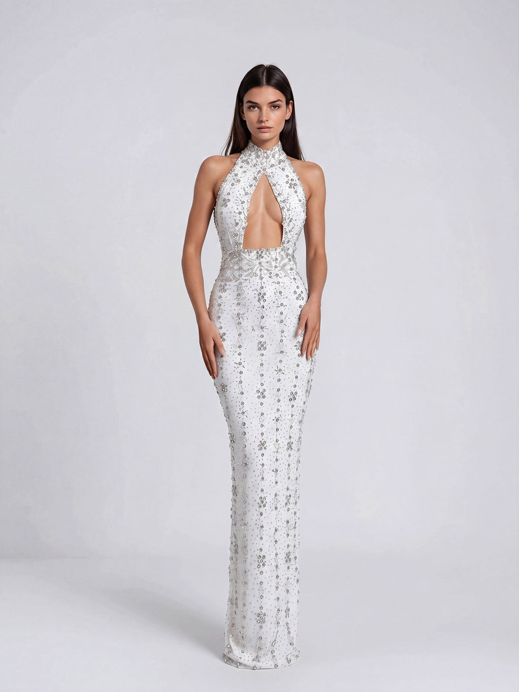 Genvyra Halterneck Cutout Diamond Maxi Dress In White