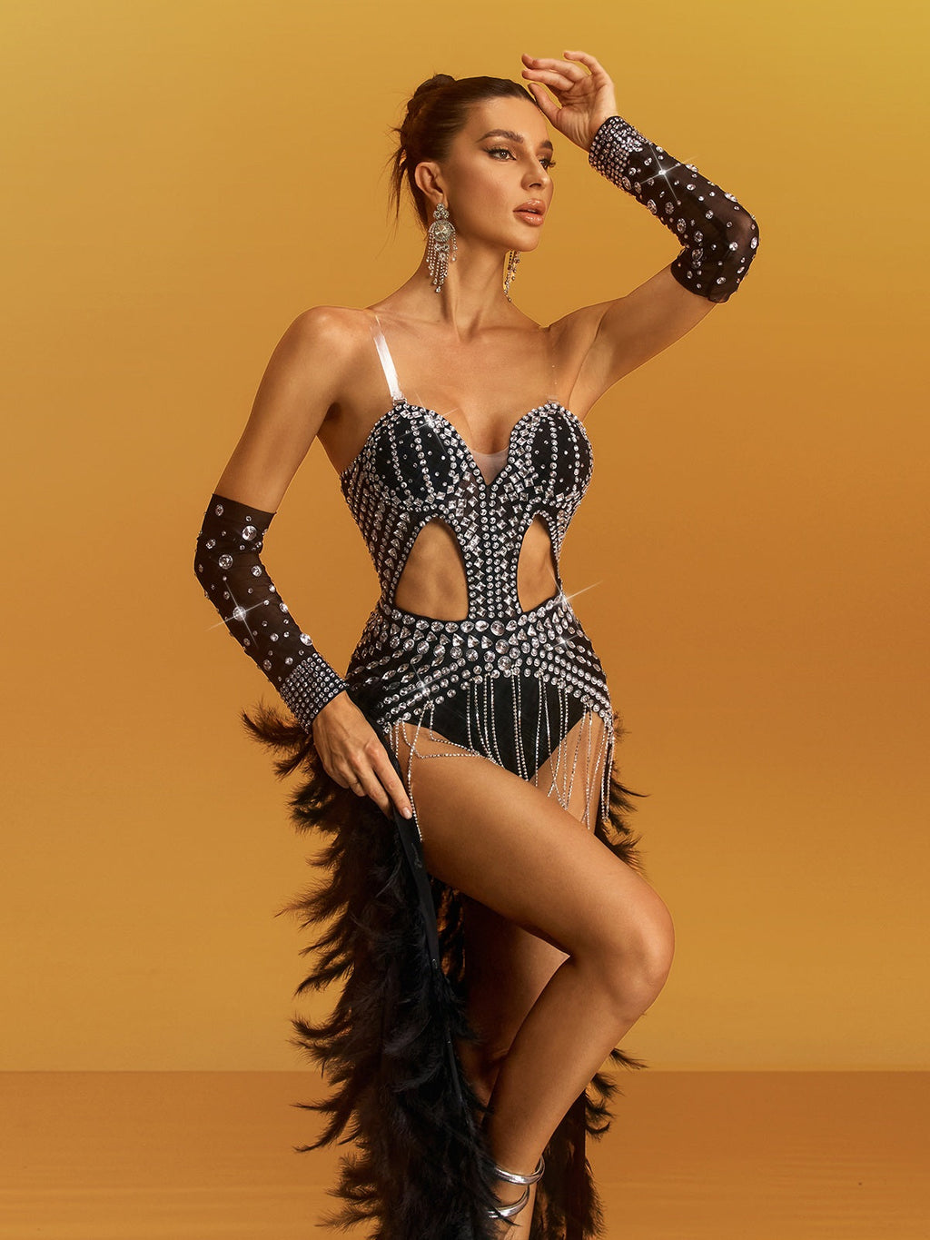 Geysera Crystal Feather Cutout Chain Bodysuit