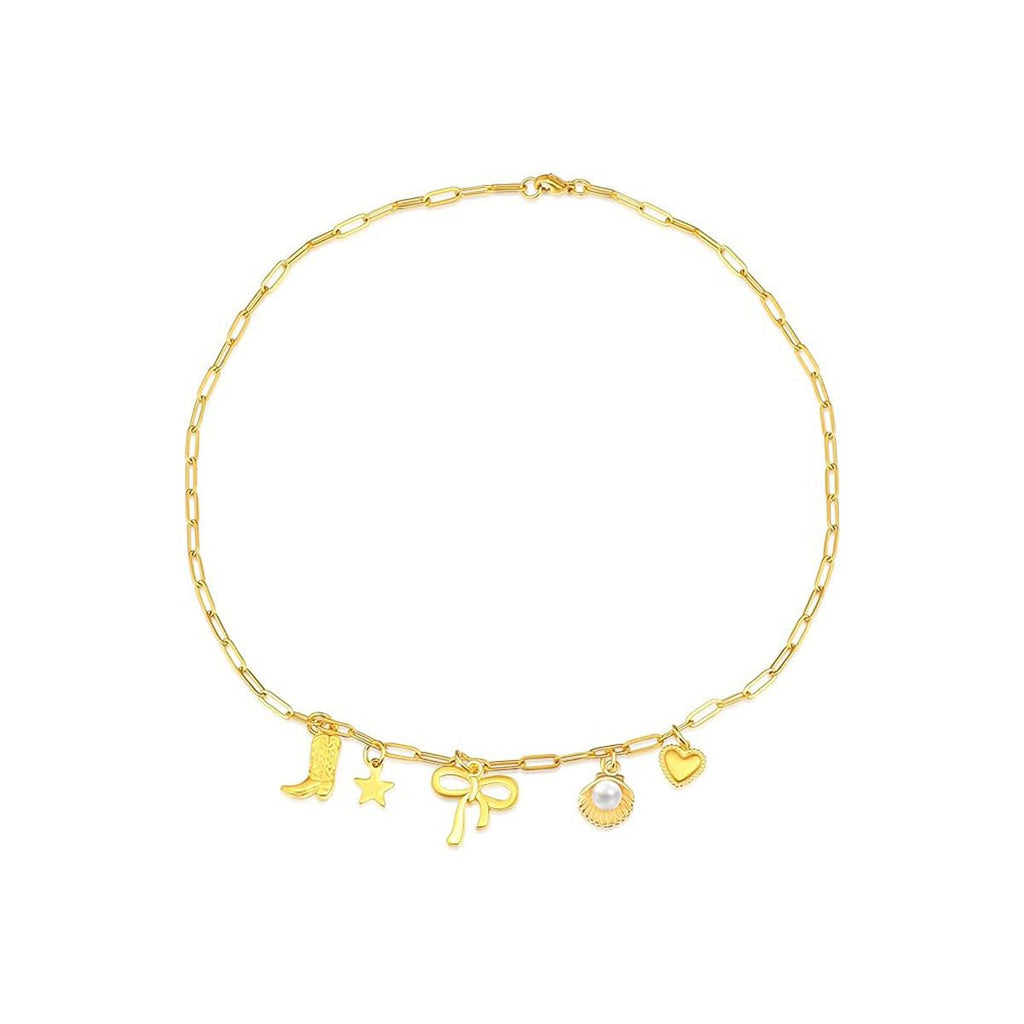 Gold Clip Necklace with Bow & Five-Pointed Star