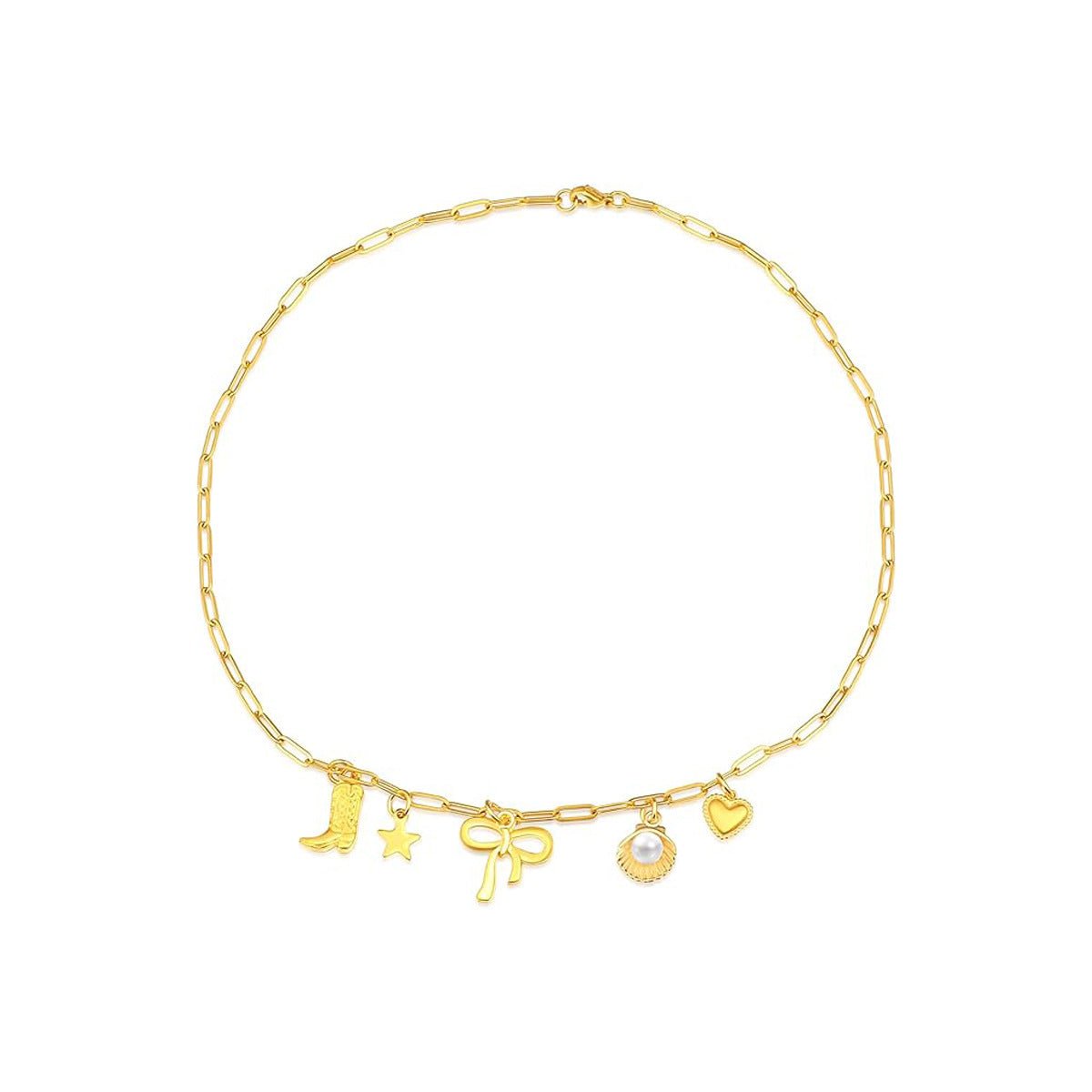 Gold Clip Necklace with Bow & Five-Pointed Star