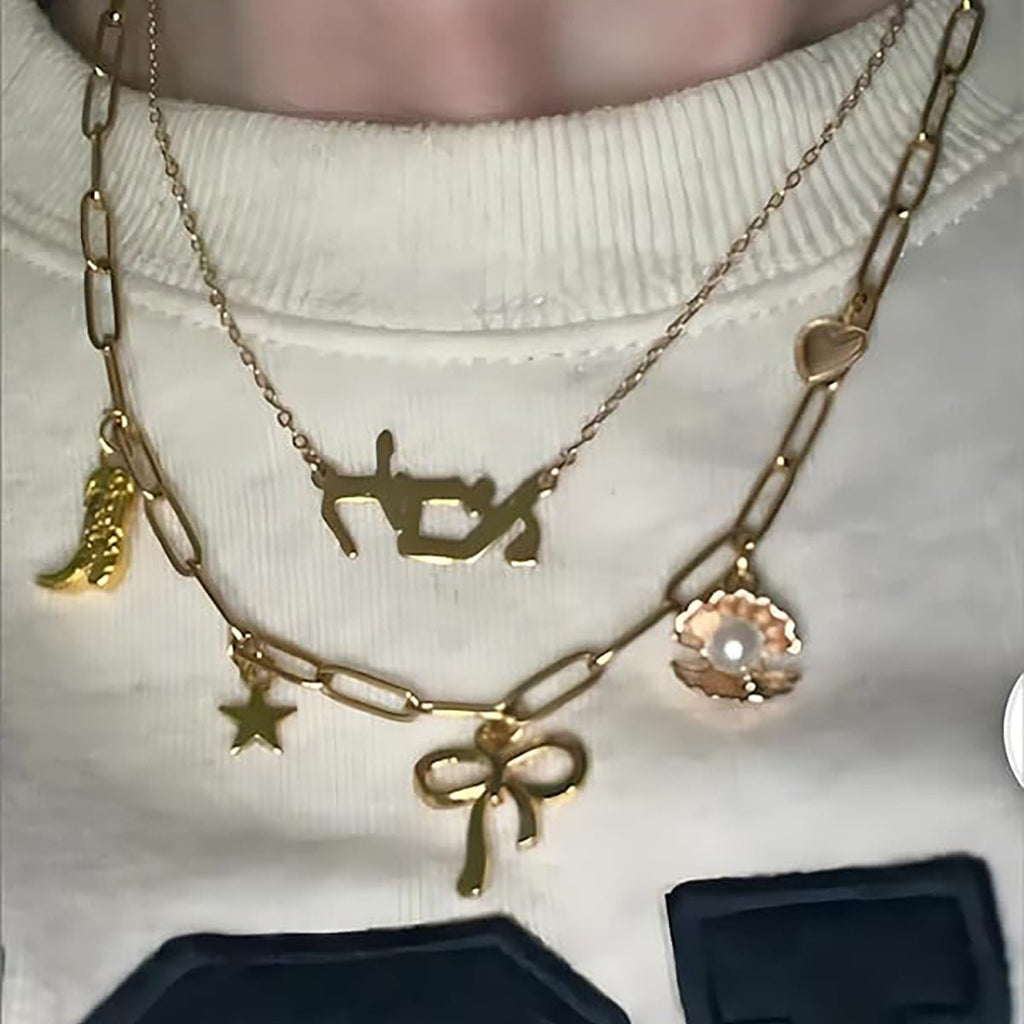Gold Clip Necklace with Bow & Five-Pointed Star