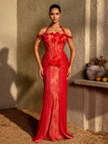 Grythaven Off Shoulder Lace Ruched Maxi Dress