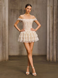 Halveric Off Shoulder Lace Tiered Mini Dress