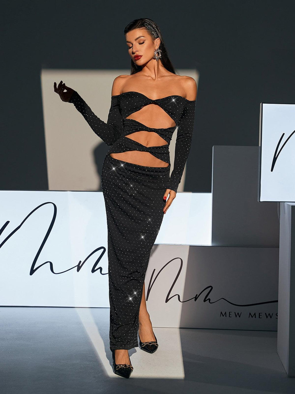 Hedwig Off Shoulder Rhinestone Cutout Maxi Dress