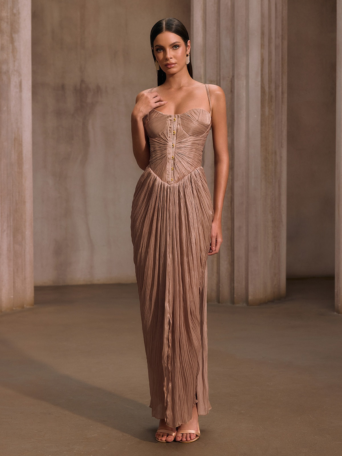 Heliox Metallic Corset Maxi Dress