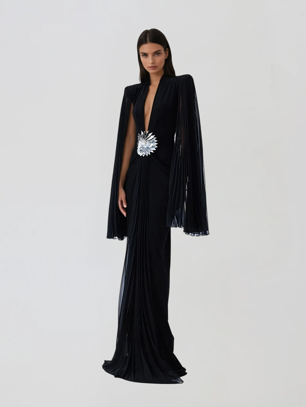 Helqor Cape Sleeve Flower Velvet Maxi Dress