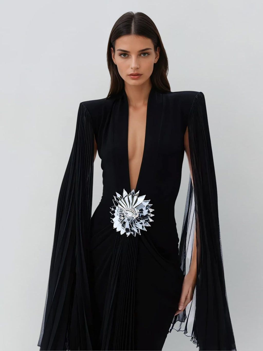 Helqor Cape Sleeve Flower Velvet Maxi Dress