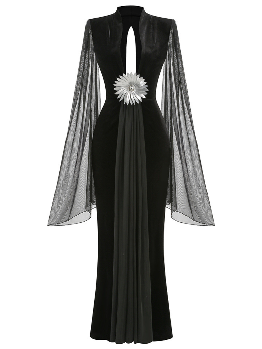 Helqor Cape Sleeve Flower Velvet Maxi Dress