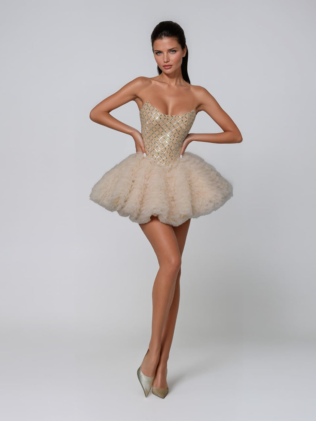 Helvarin Strapless Tulle Crystal Mini Dress