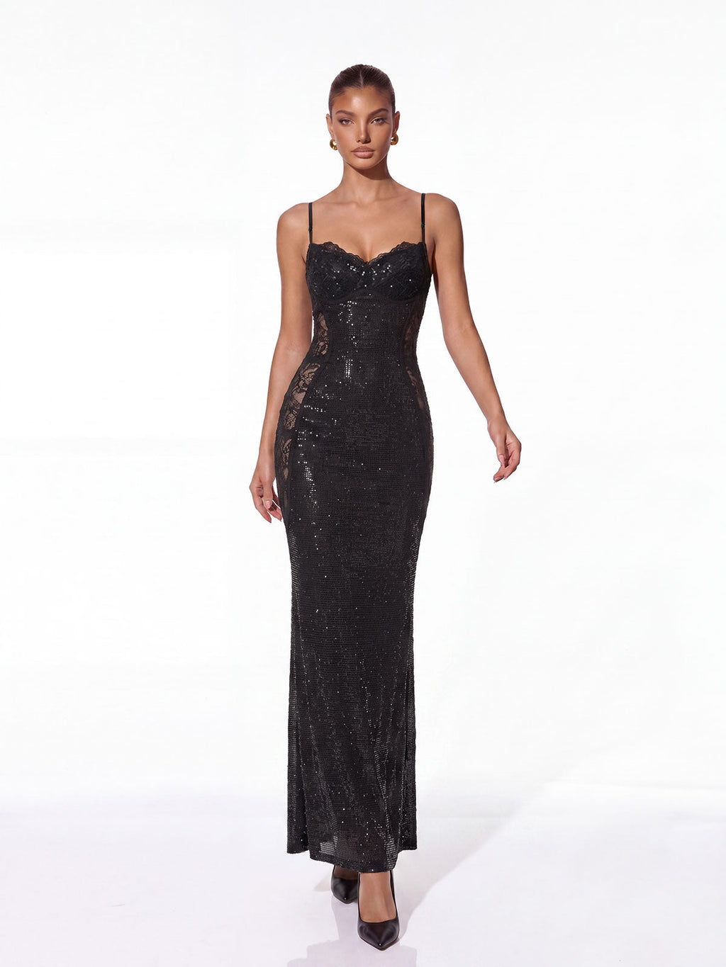 Helvik Spaghetti Lace Rhinestone Maxi Dress