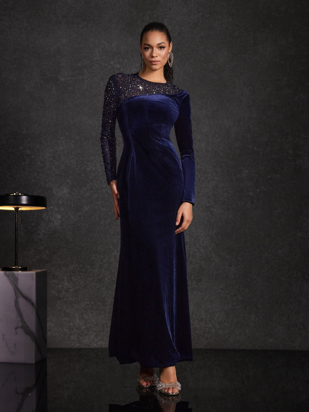 Hyalina Velvet Mesh Diamond Maxi Dress