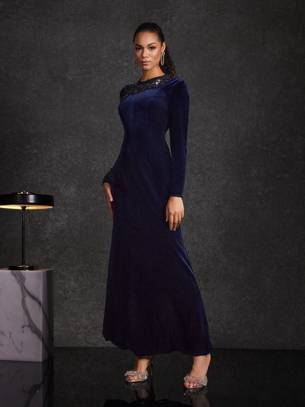 Hyalina Velvet Mesh Diamond Maxi Dress