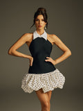 Hyraza Folded Collar Dot Bandage Mini Dress