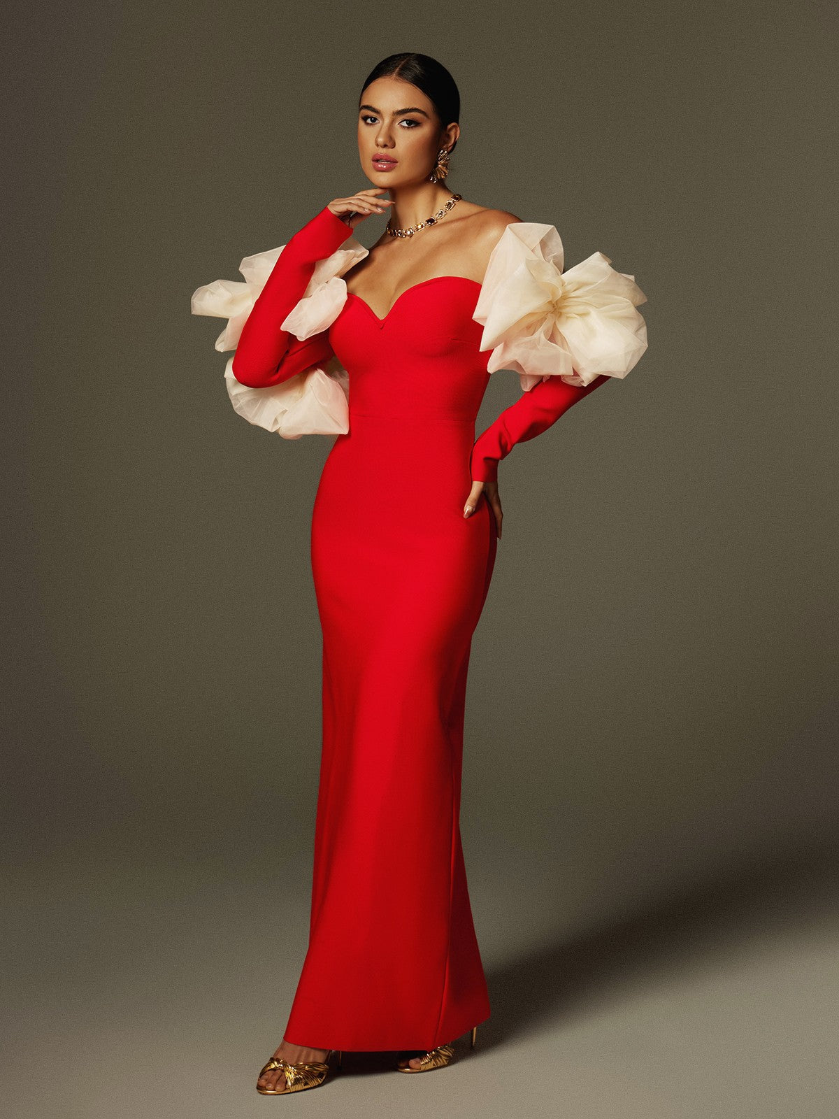 Ifra Off Shoulder Flower Bandage Maxi Dress In Red