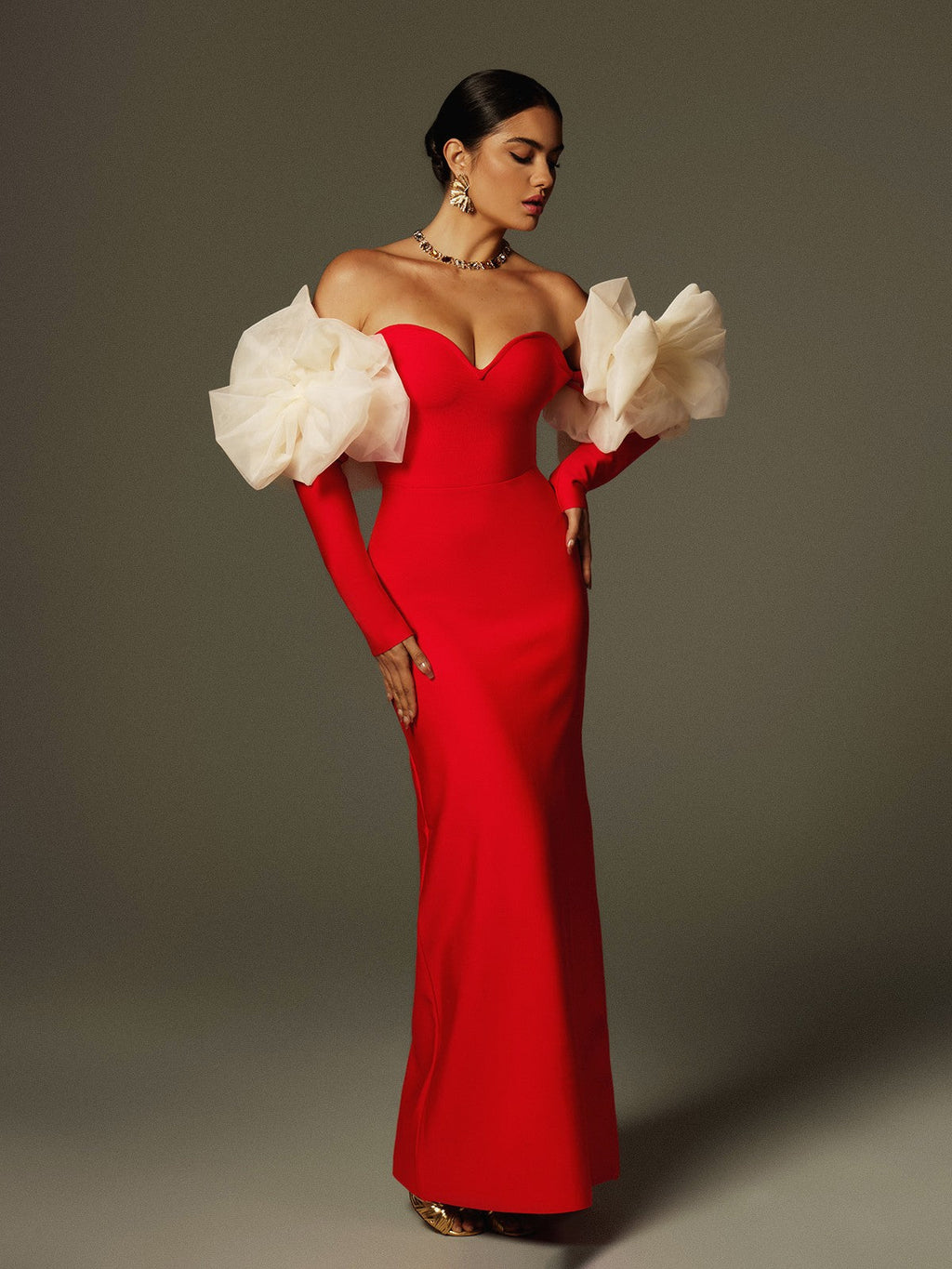Ifra Off Shoulder Flower Bandage Maxi Dress In Red